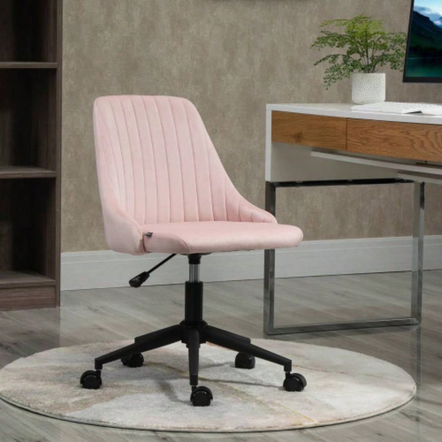 Vinsetto Mid - Back Office Chair, Velvet Fabric Swivel Scallop Shape Computer Desk Chair Home Office or Bedroom, Pink