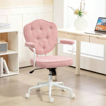 HOMCOM Cute Home Office Chair, Computer Desk Chair with Button Tufted Teddy Bear Fleece, Swivel Vanity Chair, Pink