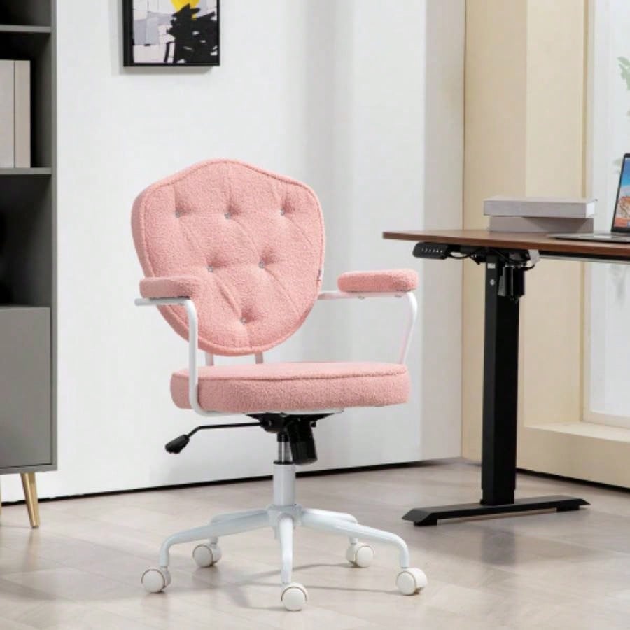 HOMCOM Cute Home Office Chair, Computer Desk Chair with Button Tufted Teddy Bear Fleece, Swivel Vanity Chair, Pink
