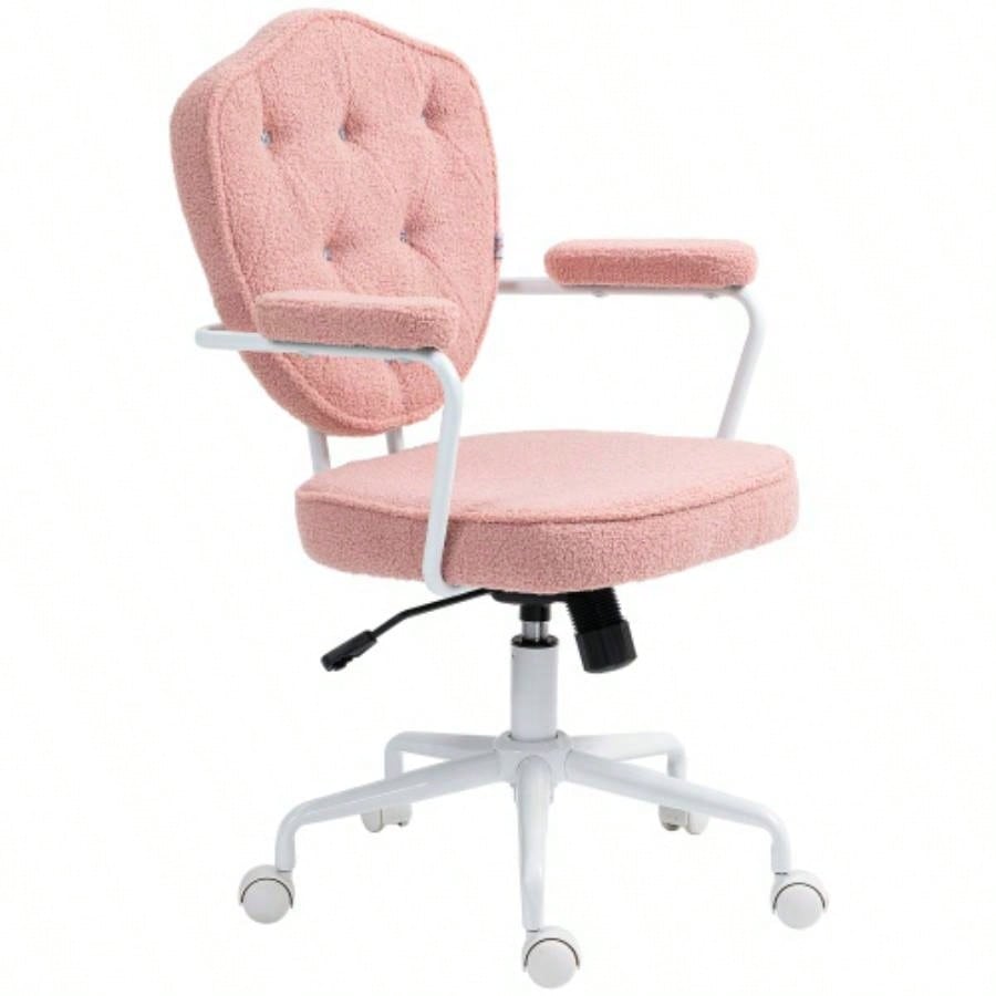 HOMCOM Cute Home Office Chair, Computer Desk Chair with Button Tufted Teddy Bear Fleece, Swivel Vanity Chair, Pink
