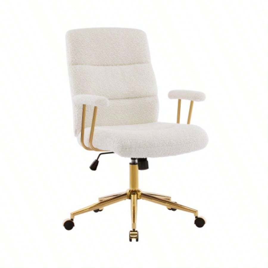 Textured Boucle Fabric White and Gold Office Chair, Modern Height Adjustable Desk Chair with Padded Arms