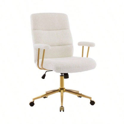 Textured Boucle Fabric White and Gold Office Chair, Modern Height Adjustable Desk Chair with Padded Arms