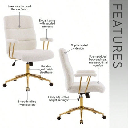 Textured Boucle Fabric White and Gold Office Chair, Modern Height Adjustable Desk Chair with Padded Arms
