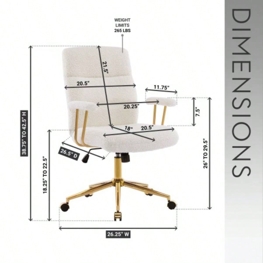 Textured Boucle Fabric White and Gold Office Chair, Modern Height Adjustable Desk Chair with Padded Arms