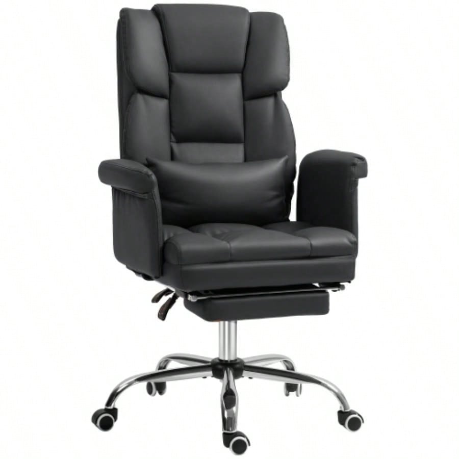 HOMCOM Executive Office Chair, PU Leather Ergonomic Office Desk Chair, Reclining and Swivel Chair with Footrest and Lumbar Support, Black