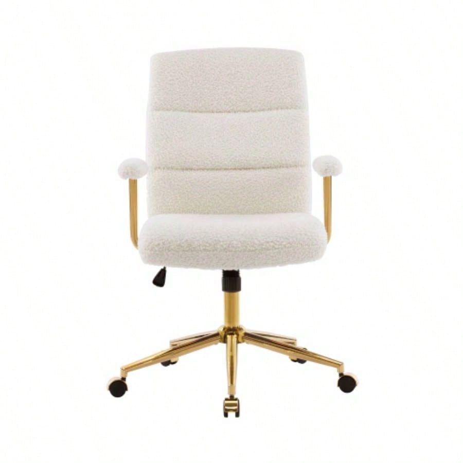 Textured Boucle Fabric White and Gold Office Chair, Modern Height Adjustable Desk Chair with Padded Arms