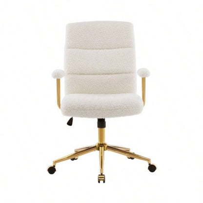 Textured Boucle Fabric White and Gold Office Chair, Modern Height Adjustable Desk Chair with Padded Arms