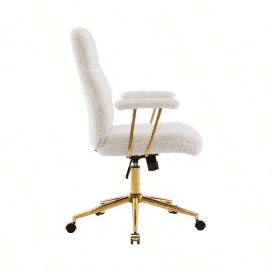 Textured Boucle Fabric White and Gold Office Chair, Modern Height Adjustable Desk Chair with Padded Arms
