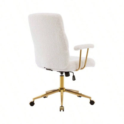Textured Boucle Fabric White and Gold Office Chair, Modern Height Adjustable Desk Chair with Padded Arms