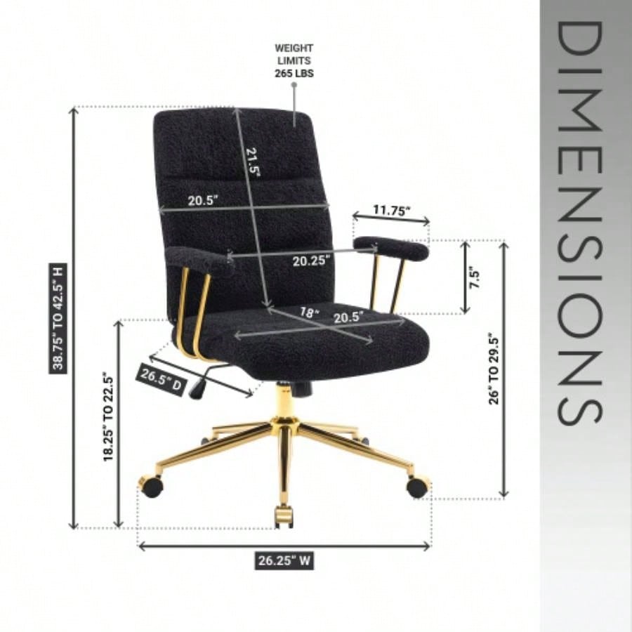 Textured Boucle Fabric Black and Gold Office Chair, Modern Height Adjustable Desk Chair with Padded Arms