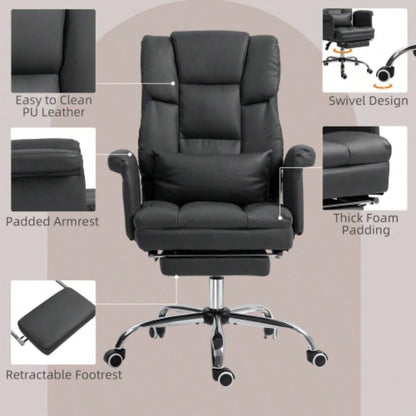 HOMCOM Executive Office Chair, PU Leather Ergonomic Office Desk Chair, Reclining and Swivel Chair with Footrest and Lumbar Support, Black