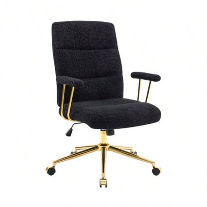 Textured Boucle Fabric Black and Gold Office Chair, Modern Height Adjustable Desk Chair with Padded Arms