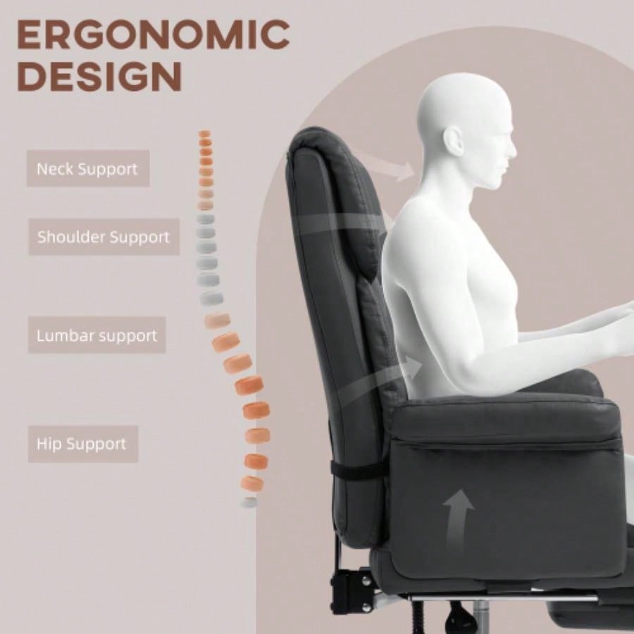 HOMCOM Executive Office Chair, PU Leather Ergonomic Office Desk Chair, Reclining and Swivel Chair with Footrest and Lumbar Support, Black