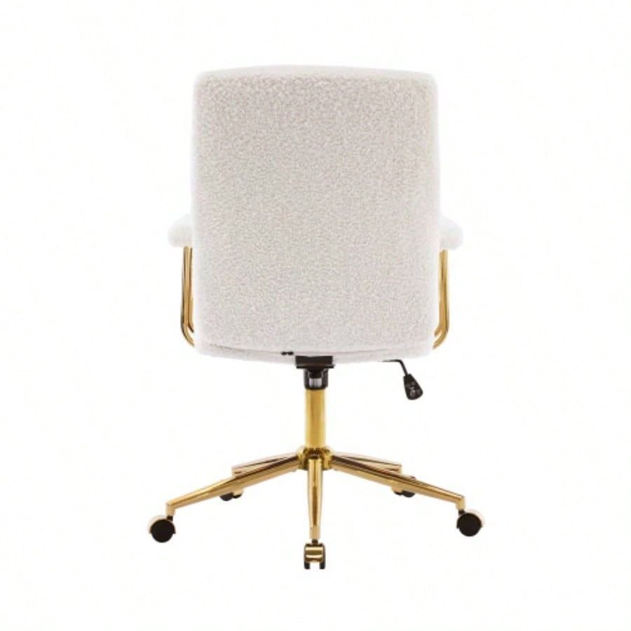 Textured Boucle Fabric White and Gold Office Chair, Modern Height Adjustable Desk Chair with Padded Arms