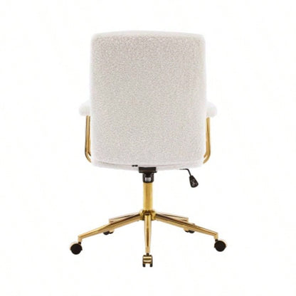 Textured Boucle Fabric White and Gold Office Chair, Modern Height Adjustable Desk Chair with Padded Arms