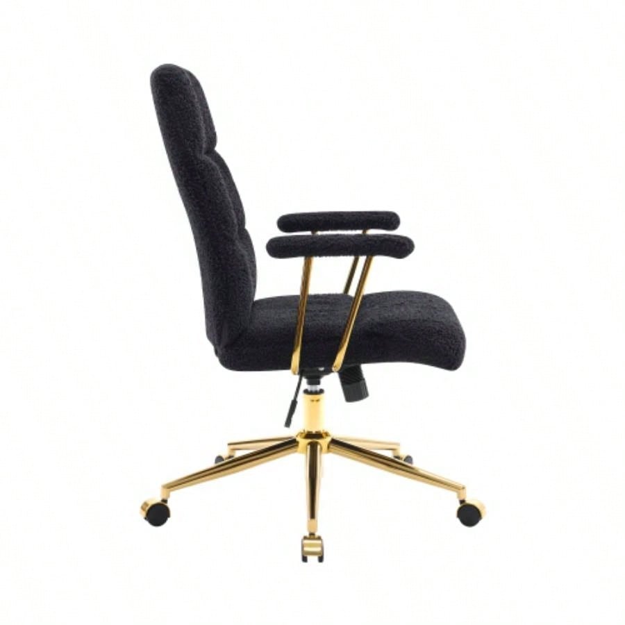 Textured Boucle Fabric Black and Gold Office Chair, Modern Height Adjustable Desk Chair with Padded Arms
