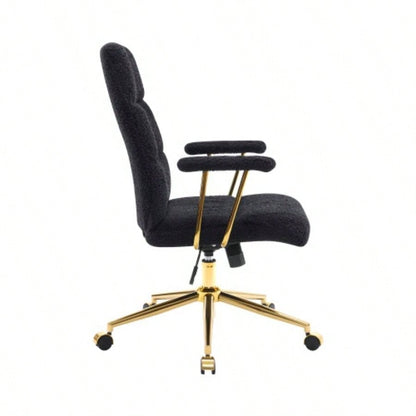 Textured Boucle Fabric Black and Gold Office Chair, Modern Height Adjustable Desk Chair with Padded Arms