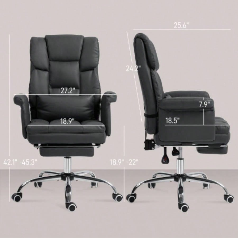HOMCOM Executive Office Chair, PU Leather Ergonomic Office Desk Chair, Reclining and Swivel Chair with Footrest and Lumbar Support, Black