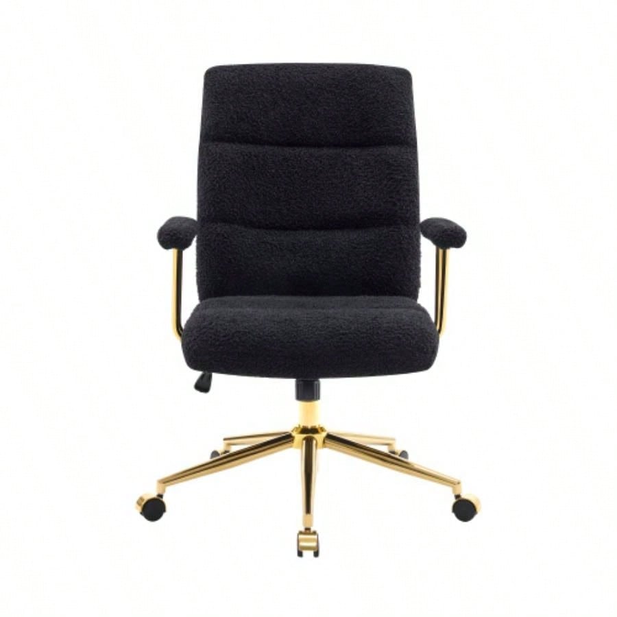 Textured Boucle Fabric Black and Gold Office Chair, Modern Height Adjustable Desk Chair with Padded Arms