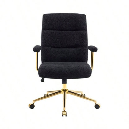 Textured Boucle Fabric Black and Gold Office Chair, Modern Height Adjustable Desk Chair with Padded Arms