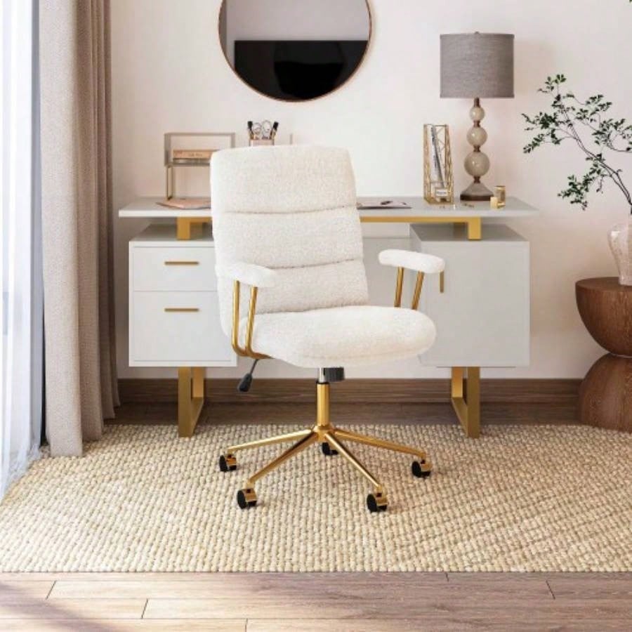 Textured Boucle Fabric White and Gold Office Chair, Modern Height Adjustable Desk Chair with Padded Arms