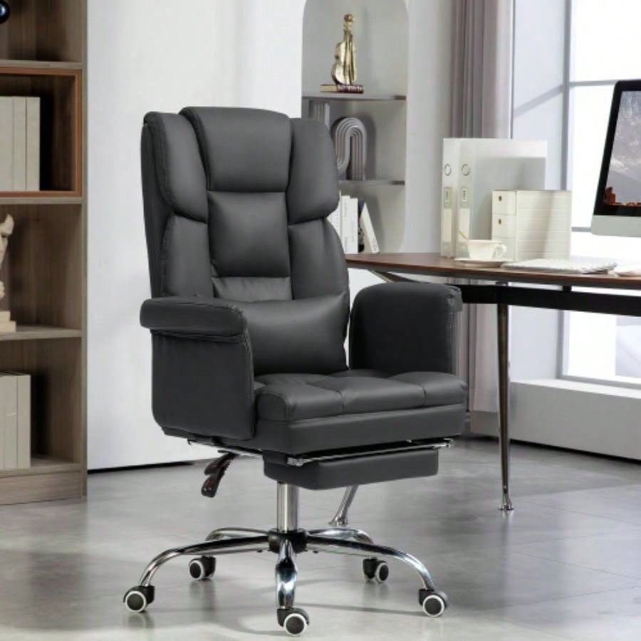 HOMCOM Executive Office Chair, PU Leather Ergonomic Office Desk Chair, Reclining and Swivel Chair with Footrest and Lumbar Support, Black