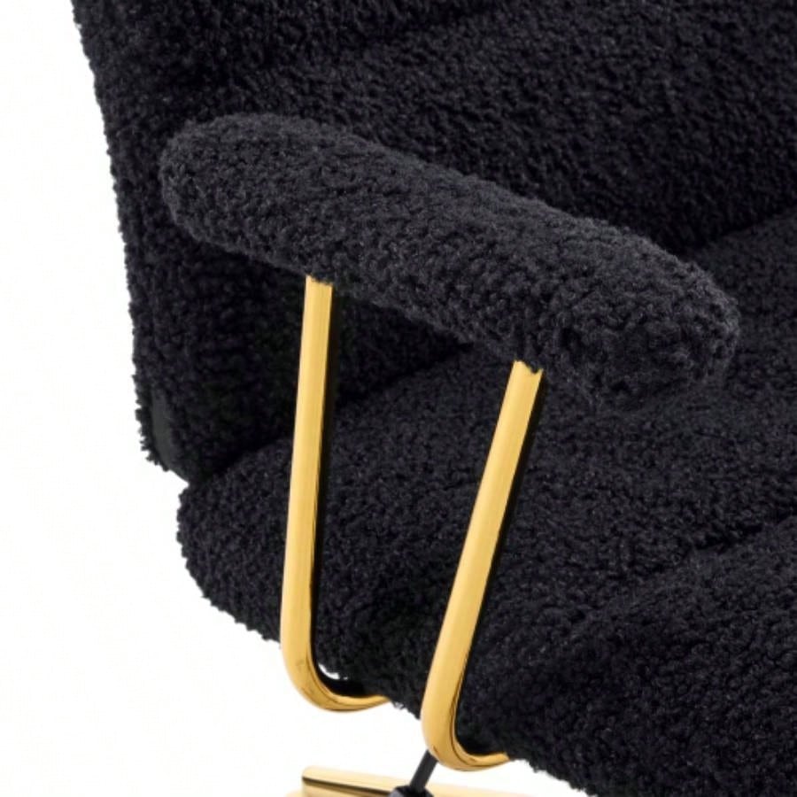 Textured Boucle Fabric Black and Gold Office Chair, Modern Height Adjustable Desk Chair with Padded Arms