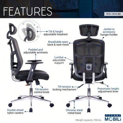 Techni Mobili High Back Executive Mesh Office Chair with Arms, Lumbar Support and Base, Black