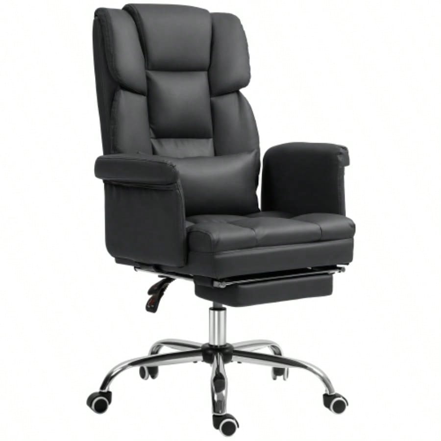 HOMCOM Executive Office Chair, PU Leather Ergonomic Office Desk Chair, Reclining and Swivel Chair with Footrest and Lumbar Support, Black