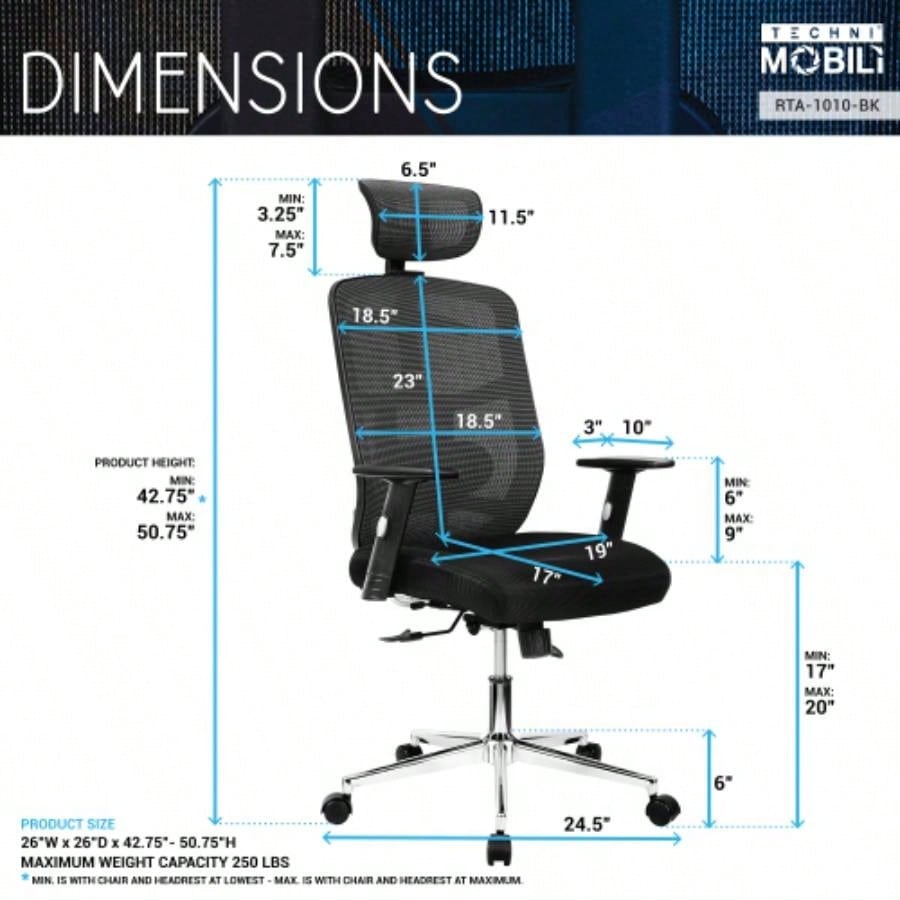 Techni Mobili High Back Executive Mesh Office Chair with Arms, Lumbar Support and Base, Black