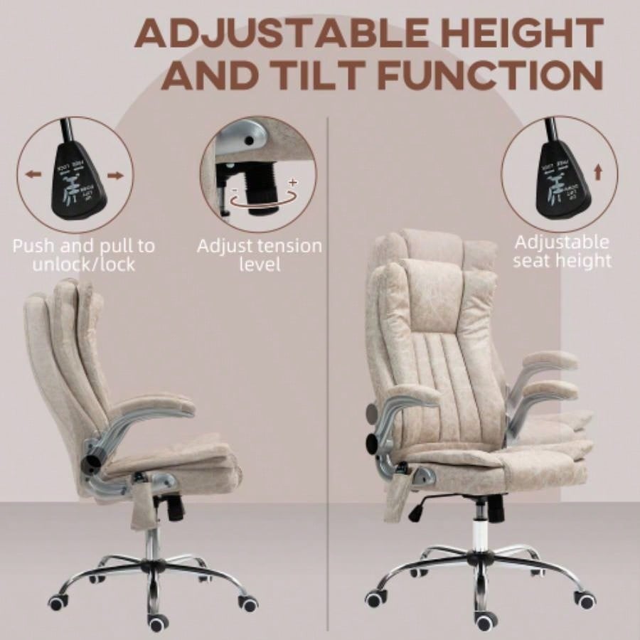 HOMCOM High Back Vibration Massage Office Chair, Leathaire Heated Computer Chair with Flip - up Armrest, Swivel Wheels Adjustable Height, White