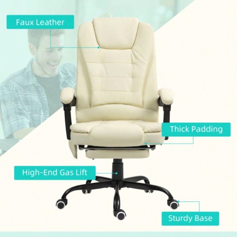 Vinsetto - Point Vibrating Massage Office Chair, High Back Computer Chair with Lumbar Support, Footrest, Reclining Back, Adjustable Height, White