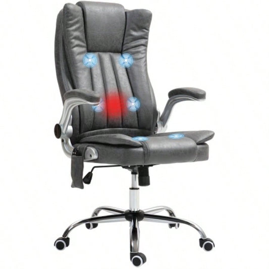 HOMCOM High Back Vibration Massage Office Chair, Leathaire Heated Computer Chair with Flip - up Armrest, Swivel Wheels Adjustable Height, Gray