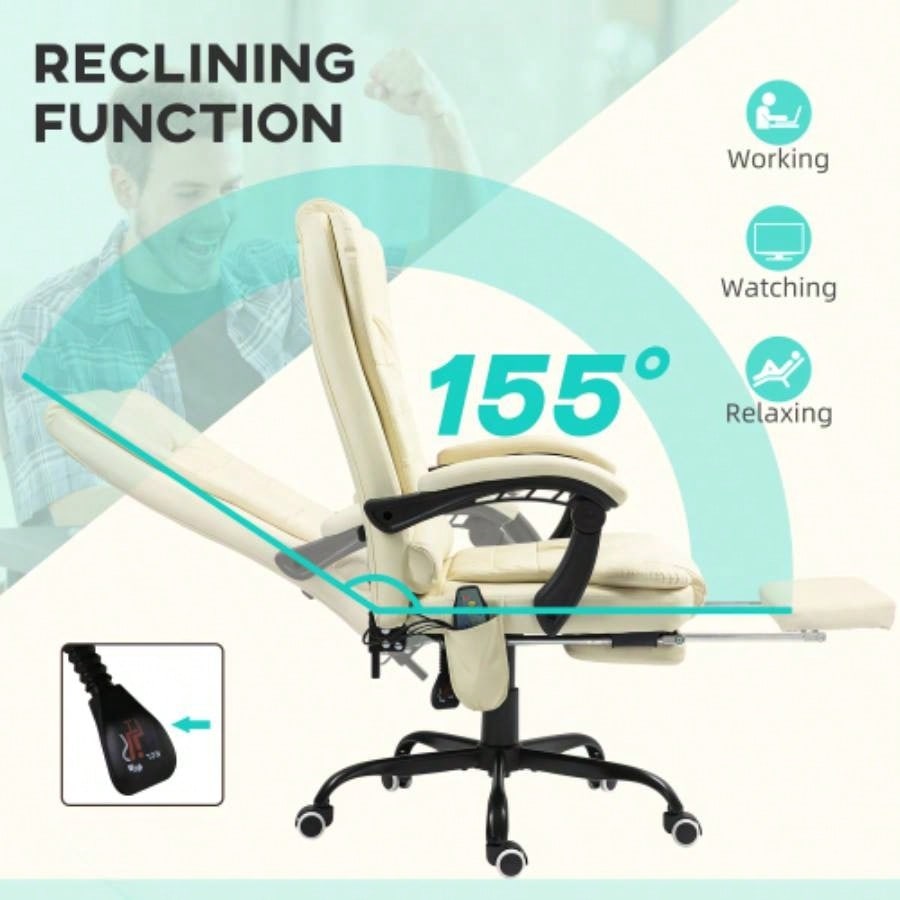 Vinsetto - Point Vibrating Massage Office Chair, High Back Computer Chair with Lumbar Support, Footrest, Reclining Back, Adjustable Height, White