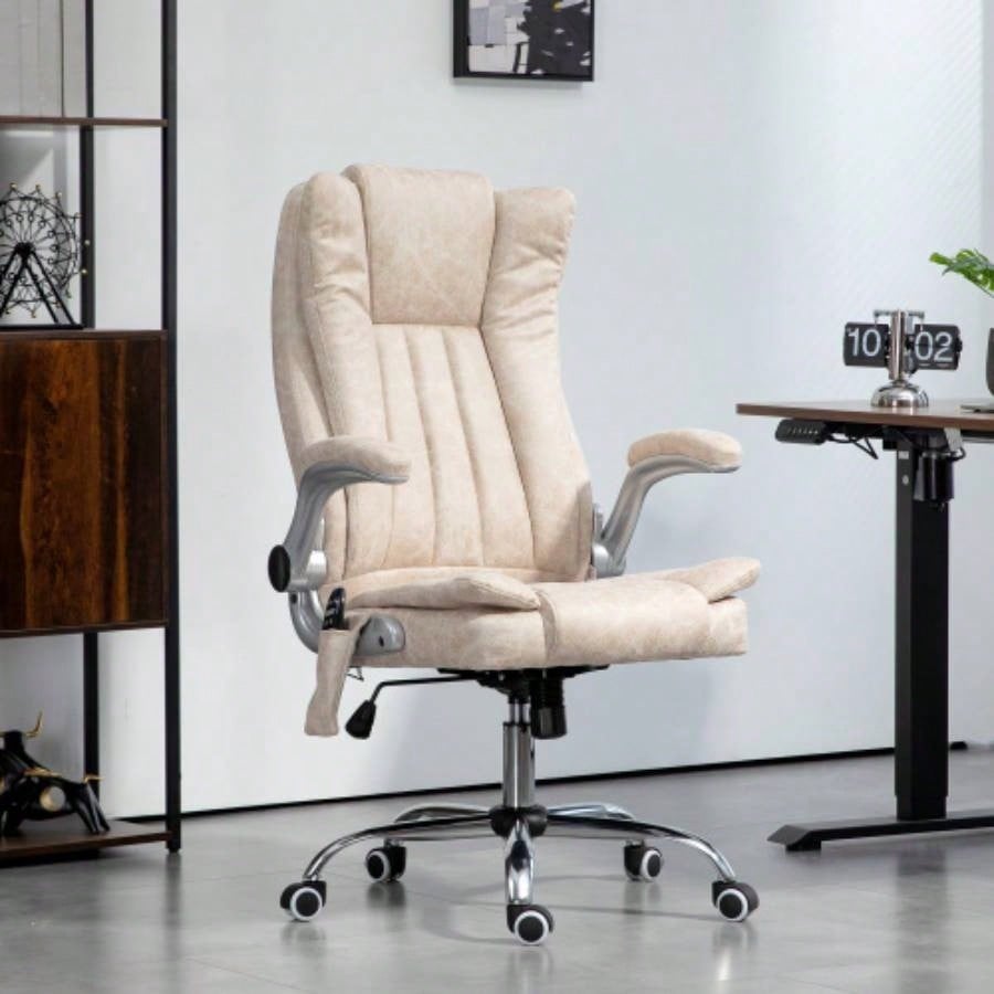 HOMCOM High Back Vibration Massage Office Chair, Leathaire Heated Computer Chair with Flip - up Armrest, Swivel Wheels Adjustable Height, White