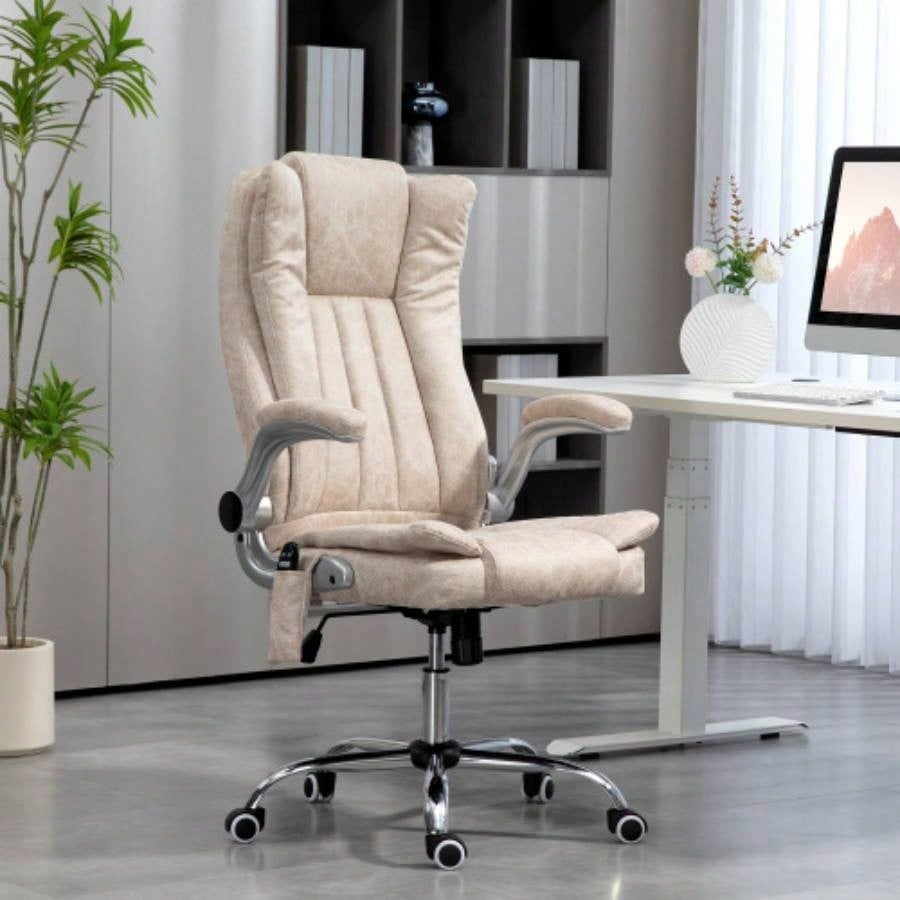 HOMCOM High Back Vibration Massage Office Chair, Leathaire Heated Computer Chair with Flip - up Armrest, Swivel Wheels Adjustable Height, White