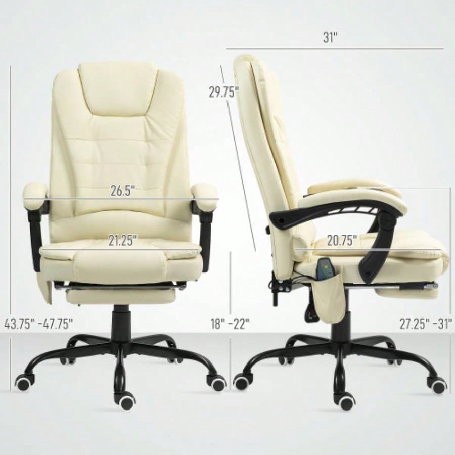 Vinsetto - Point Vibrating Massage Office Chair, High Back Computer Chair with Lumbar Support, Footrest, Reclining Back, Adjustable Height, White