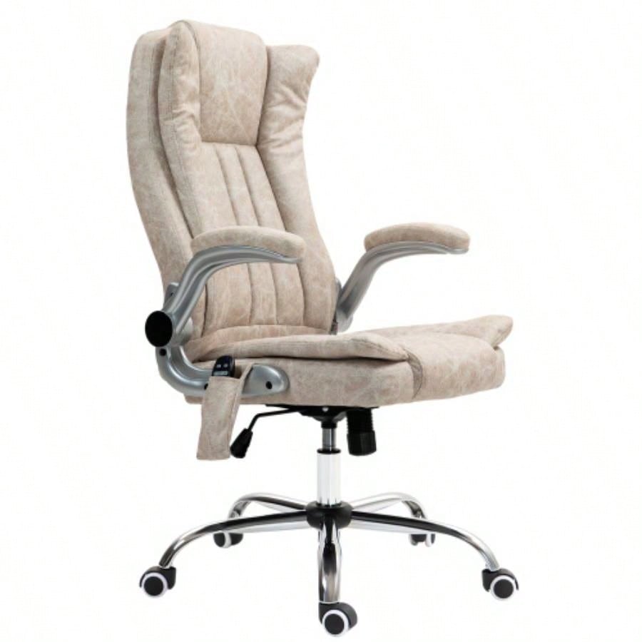 HOMCOM High Back Vibration Massage Office Chair, Leathaire Heated Computer Chair with Flip - up Armrest, Swivel Wheels Adjustable Height, White