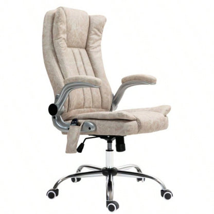 HOMCOM High Back Vibration Massage Office Chair, Leathaire Heated Computer Chair with Flip - up Armrest, Swivel Wheels Adjustable Height, White
