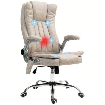HOMCOM High Back Vibration Massage Office Chair, Leathaire Heated Computer Chair with Flip - up Armrest, Swivel Wheels Adjustable Height, White