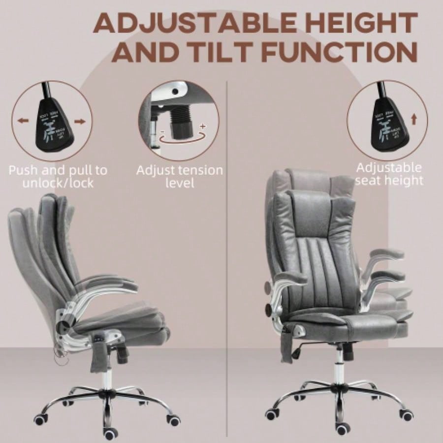 HOMCOM High Back Vibration Massage Office Chair, Leathaire Heated Computer Chair with Flip - up Armrest, Swivel Wheels Adjustable Height, Gray