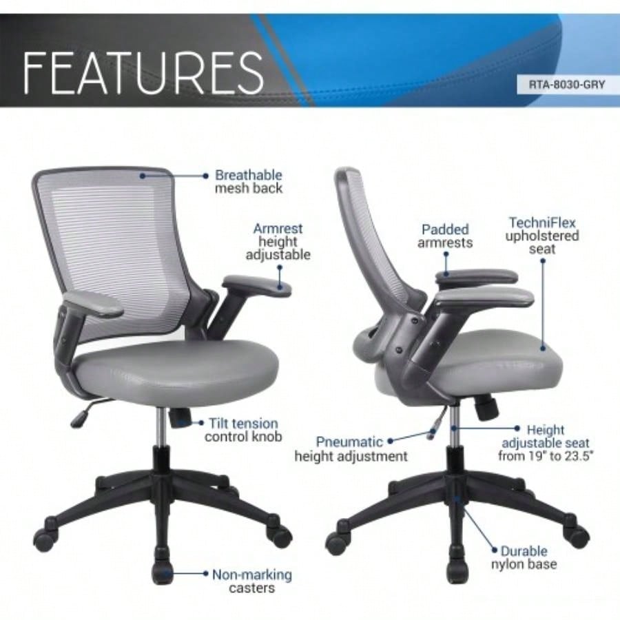 Techni Mobili Mid - Back Mesh Task Office Chair with Height Adjustable Arms,