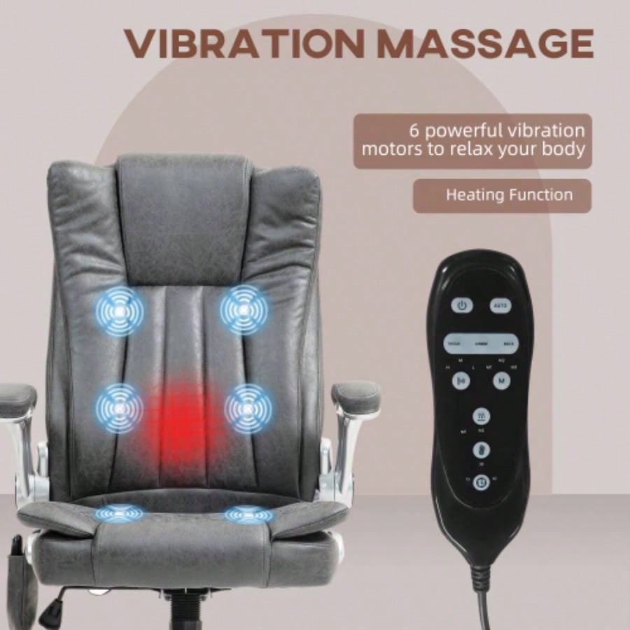 HOMCOM High Back Vibration Massage Office Chair, Leathaire Heated Computer Chair with Flip - up Armrest, Swivel Wheels Adjustable Height, Gray