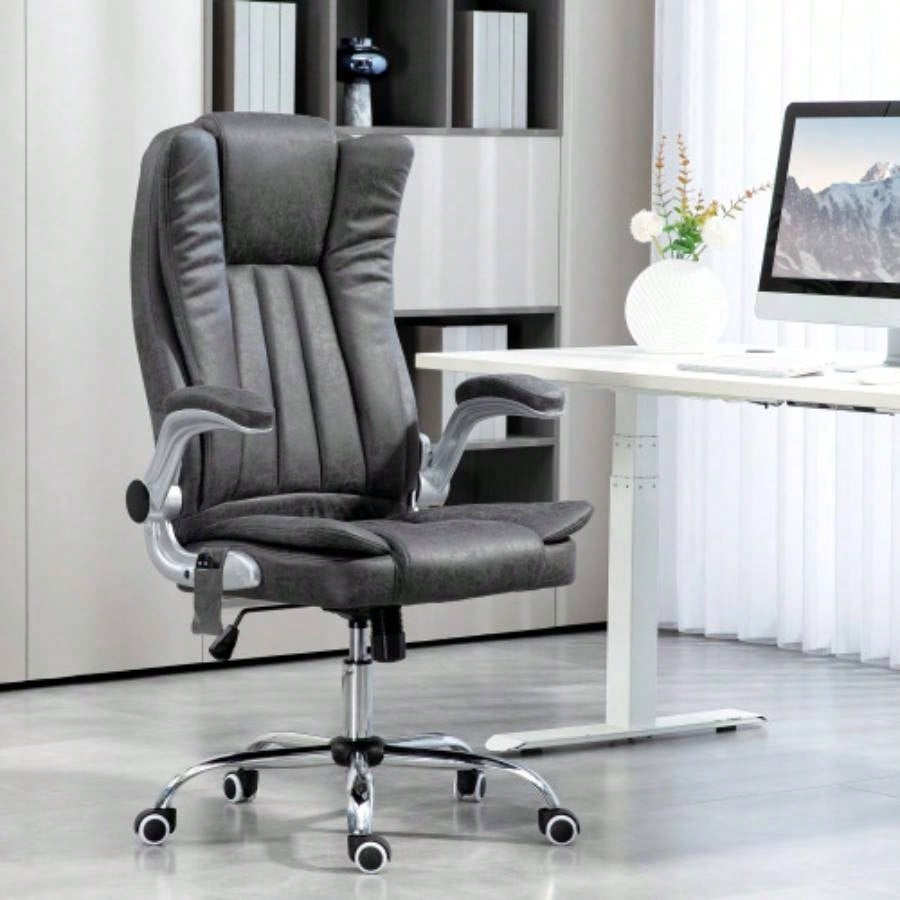 HOMCOM High Back Vibration Massage Office Chair, Leathaire Heated Computer Chair with Flip - up Armrest, Swivel Wheels Adjustable Height, Gray