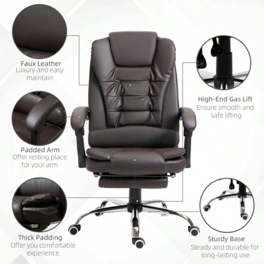 HOMCOM High Back Ergonomic Executive Office Chair, PU Leather Computer Chair with Retractable Footrest, Lumbar Support, Padded Headrest and Armrest, Coffee