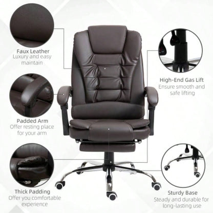 HOMCOM High Back Ergonomic Executive Office Chair, PU Leather Computer Chair with Retractable Footrest, Lumbar Support, Padded Headrest and Armrest, Coffee