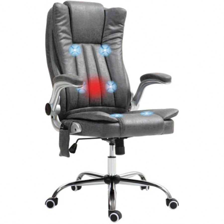 HOMCOM High Back Vibration Massage Office Chair, Leathaire Heated Computer Chair with Flip - up Armrest, Swivel Wheels Adjustable Height, Gray