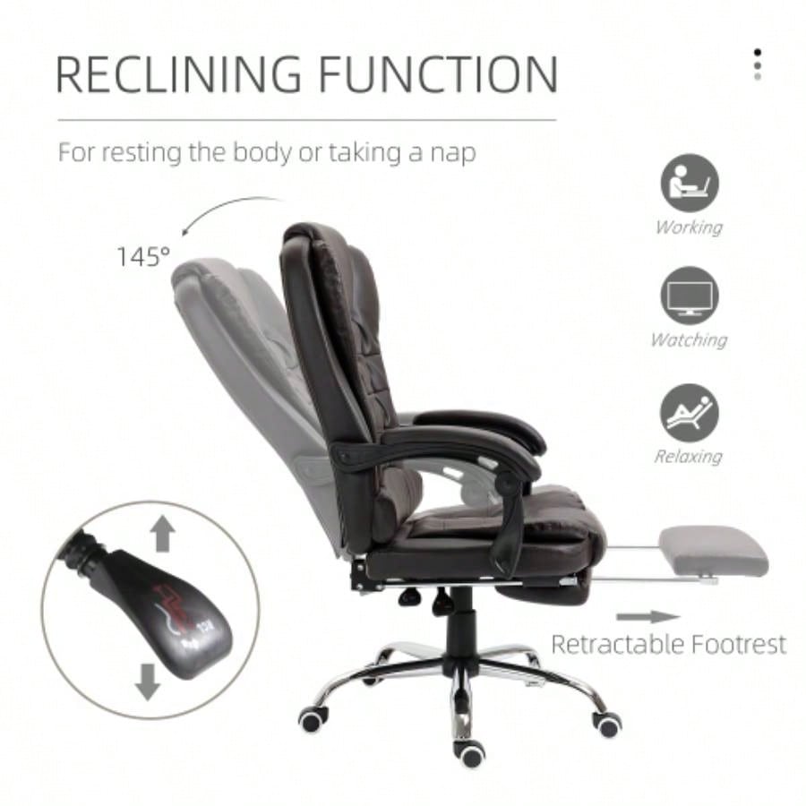 HOMCOM High Back Ergonomic Executive Office Chair, PU Leather Computer Chair with Retractable Footrest, Lumbar Support, Padded Headrest and Armrest, Coffee