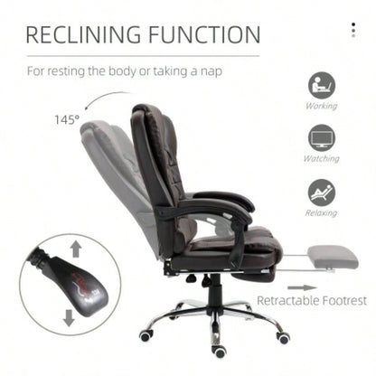 HOMCOM High Back Ergonomic Executive Office Chair, PU Leather Computer Chair with Retractable Footrest, Lumbar Support, Padded Headrest and Armrest, Coffee