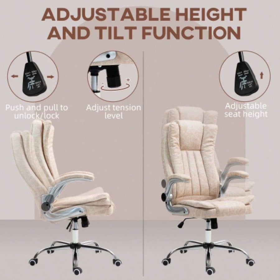 HOMCOM Executive Office Chair with Padded Flip - up Arms, Microfiber High Back Desk Chair, Swivel Computer Chair with Adjustable Height and Tilt Function, White